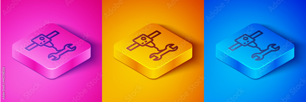 等距线3D打印机扳手图标隔离在粉色和橙色，蓝色背景上。3D打印