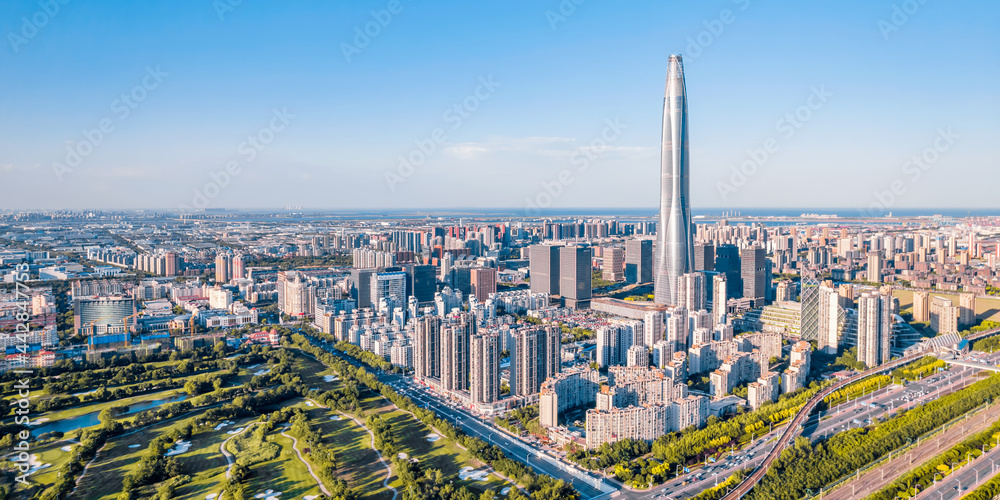 天津滨海新区周大福金融中心城市天际线航拍