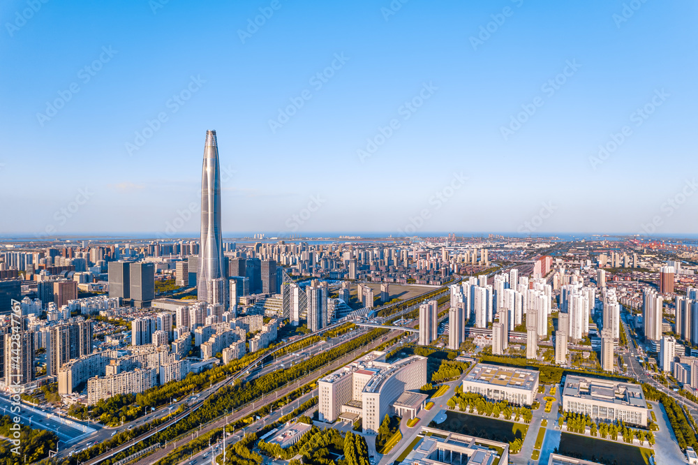 Aerial photography of the city skyline of Chow Tai Fook Financial Center, Binhai New Area, Tianjin, 
