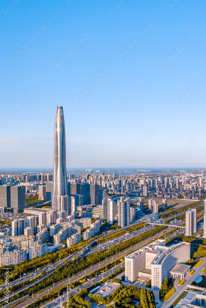 天津滨海新区周大福金融中心城市天际线航拍