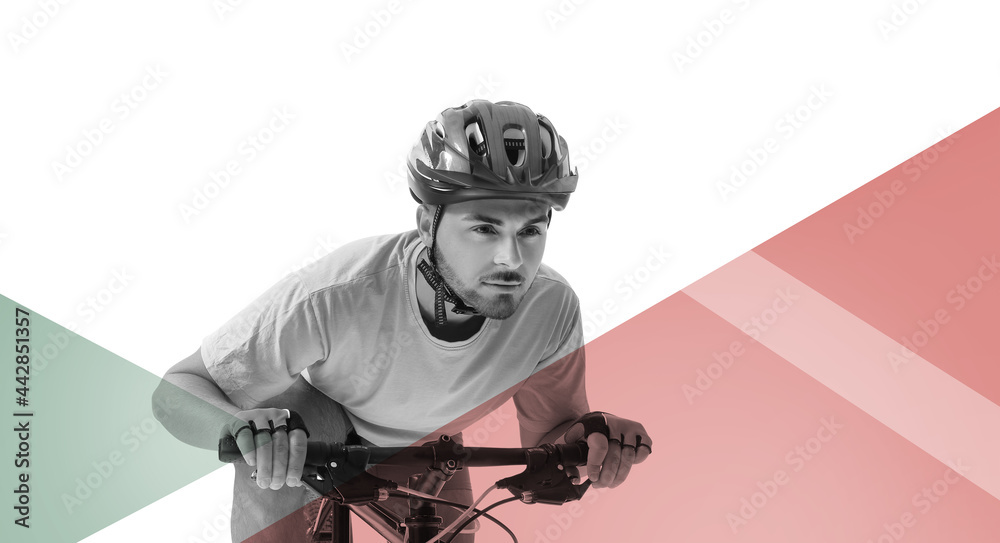 白色背景上骑自行车的男性自行车手的色调肖像