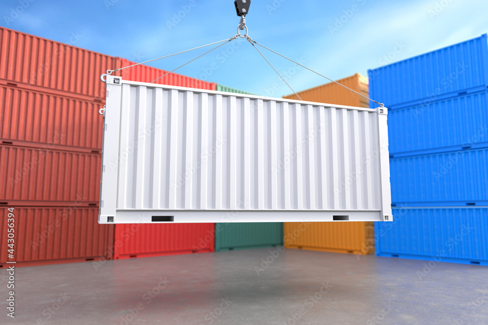 悬挂在起重机吊钩上的白色集装箱货运集装箱，交付服务理念，货运