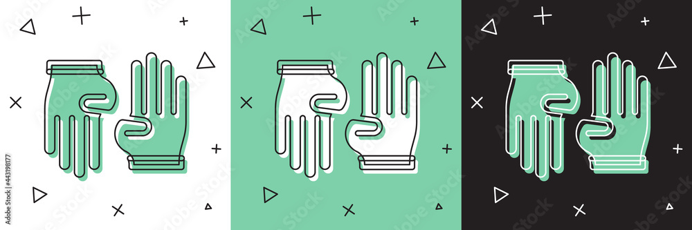 将橡胶手套图标隔离在白色和绿色、黑色背景上。乳胶护手标志。Ho