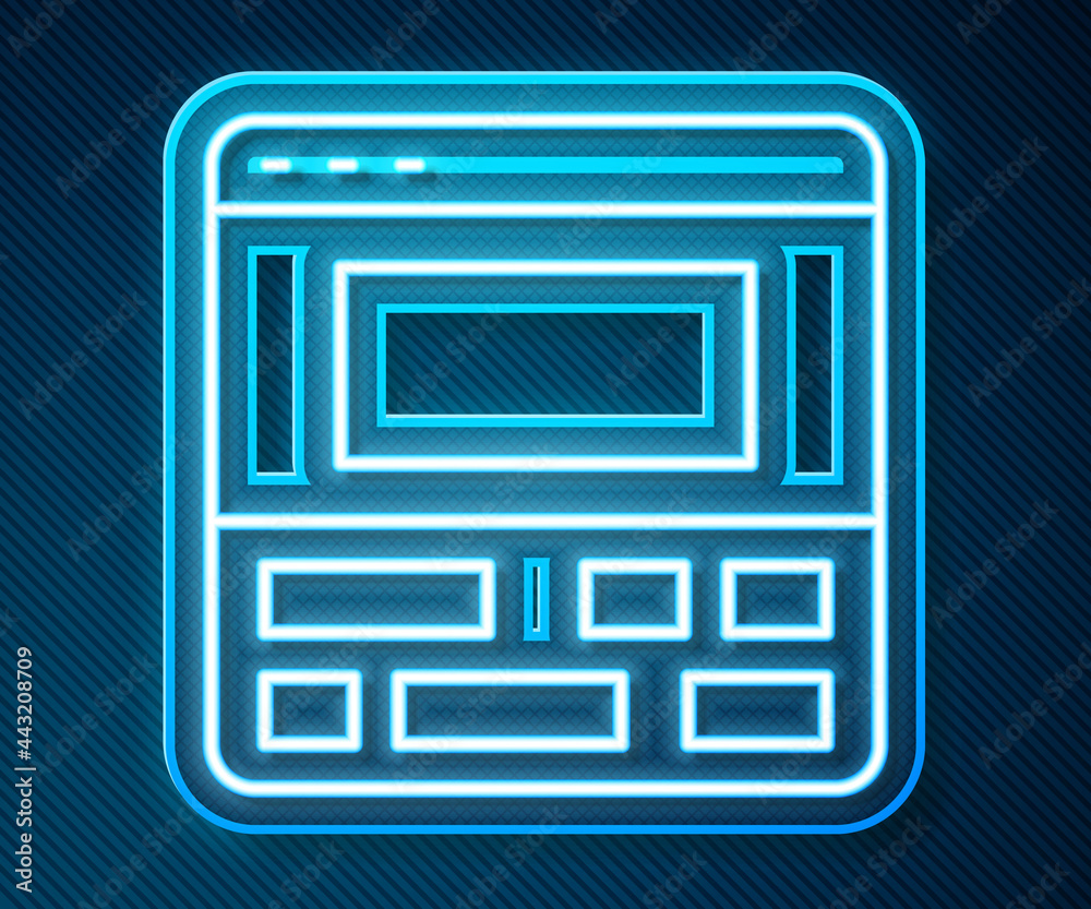 闪烁的霓虹灯线视频记录器或编辑软件，位于蓝色背景的笔记本电脑图标上。Vide