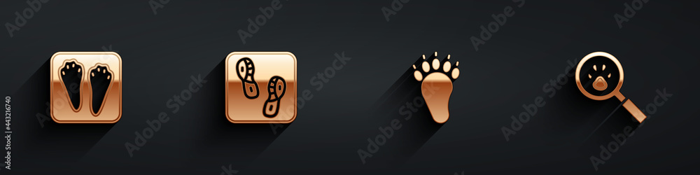 Set Rabbit and hare paw footprint, Human footprints shoes, Bear and Paw search icon with long shadow