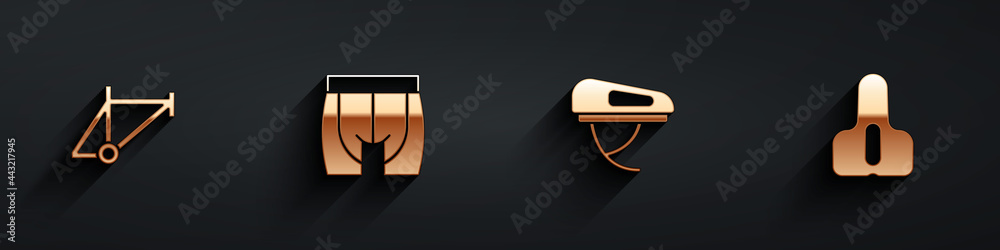 Set Bicycle frame, Cycling shorts, helmet and seat icon with long shadow. Vector