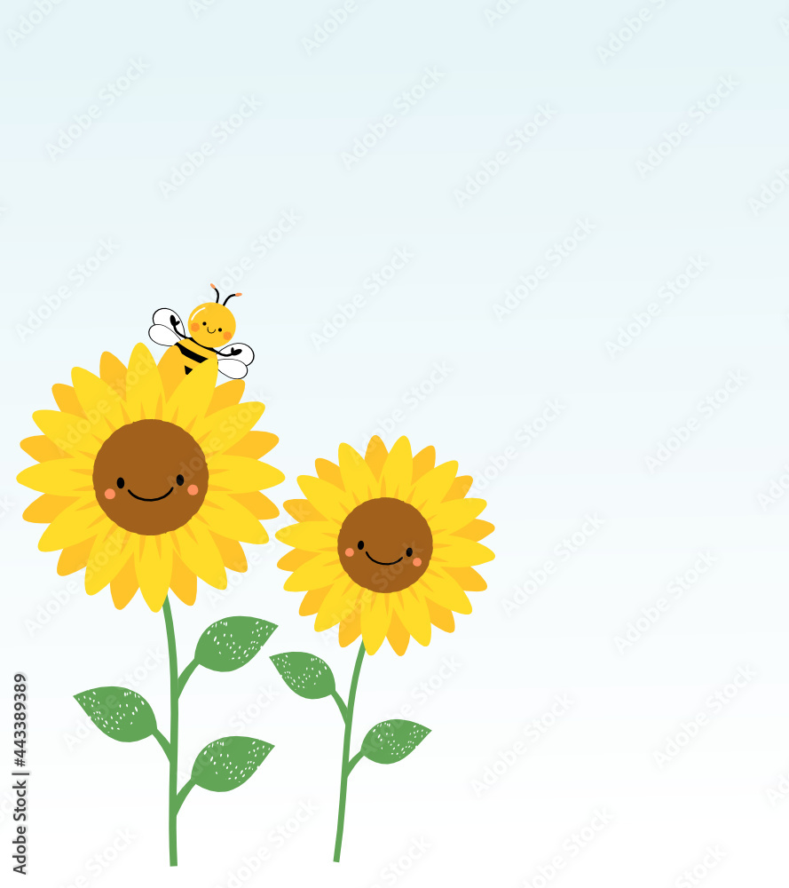 向日葵和蜜蜂卡通隔离在蓝色背景矢量插图上。