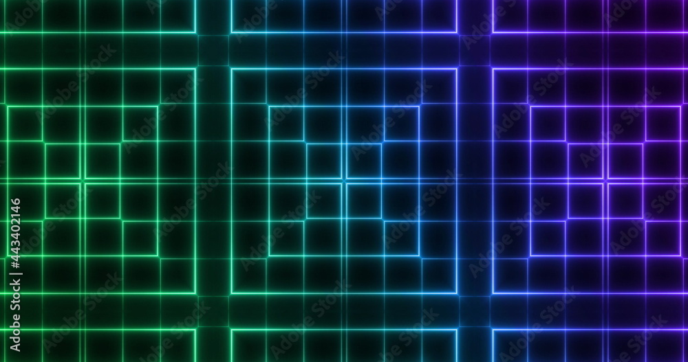 Image of glowing green to purple formation of squares flashing on seamless loop