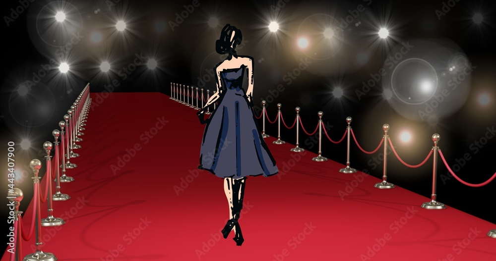 时装秀红毯上模特的时尚画构图，黑色背景
