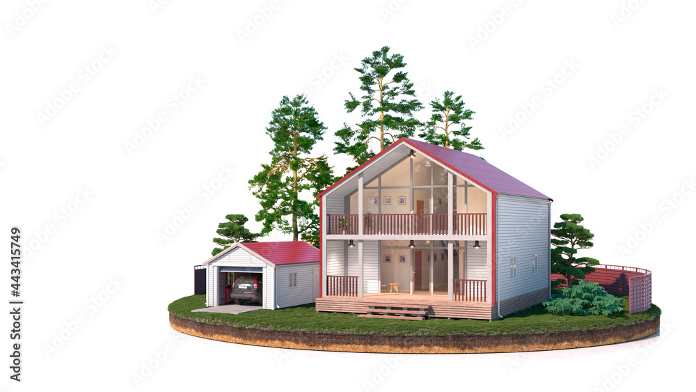 白色背景上的独立房屋和车库。三维插图