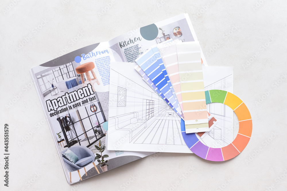 在白色背景上绘制带有房屋平面图和杂志的颜色样本