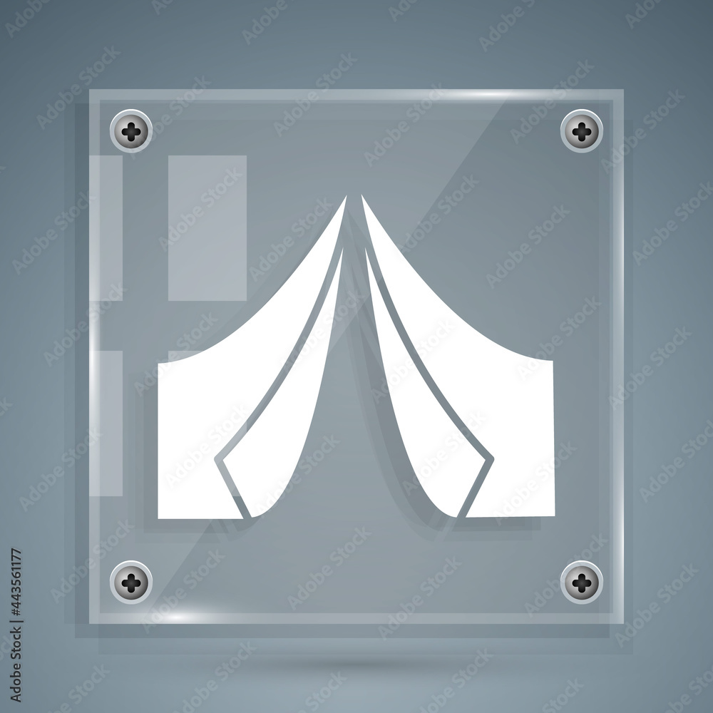 White Tourist tent icon isolated on grey background. Camping symbol. Square glass panels. Vector