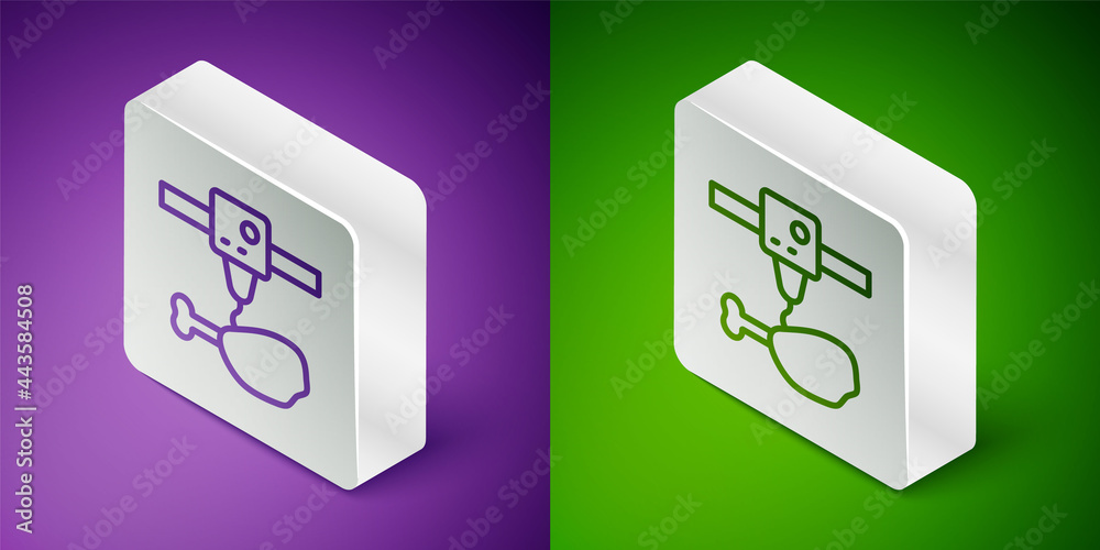 Isometric line 3D printer chicken leg icon isolated on purple and green background. 3d printing. Sil