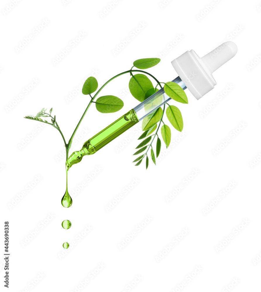 带绿叶的药用化妆品移液管，在白色背景上分离