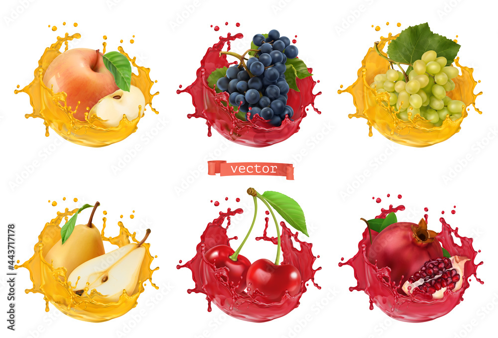 苹果、葡萄、梨、樱桃、石榴汁。新鲜水果和飞溅物，三维逼真矢量图标