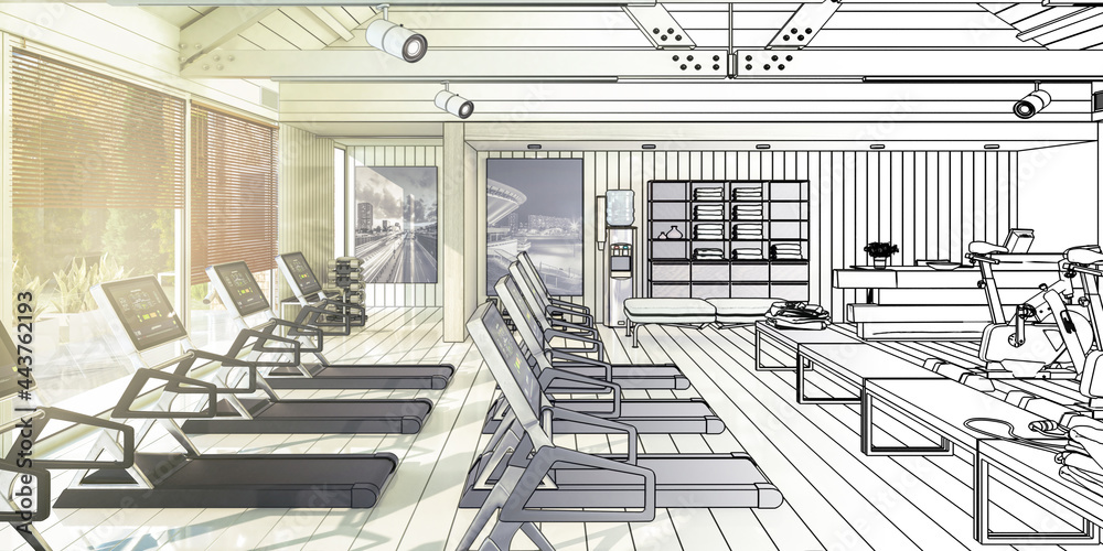 健身中心内的跑步机（草案）-全景3D可视化
