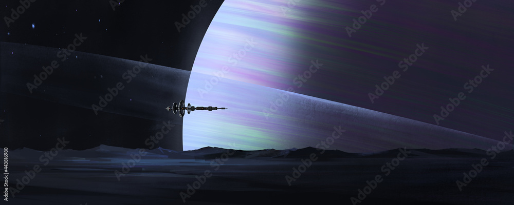 宇宙飞船在外星恒星上空航行，3D插图。