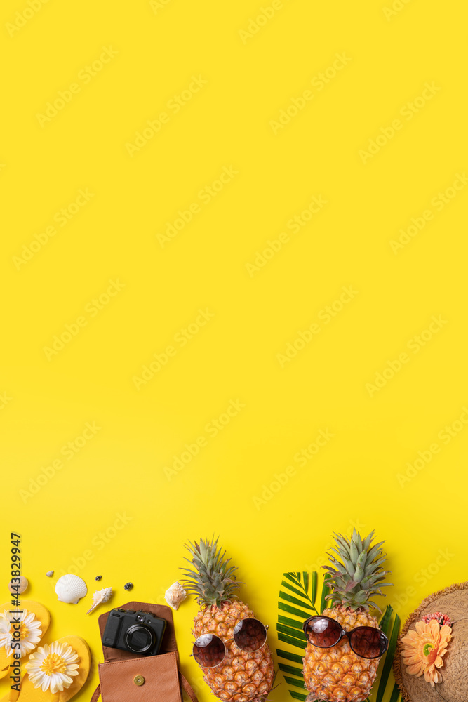夏季水果背景设计概念。海滩上有贝壳、菠萝和棕榈叶，黄色背景