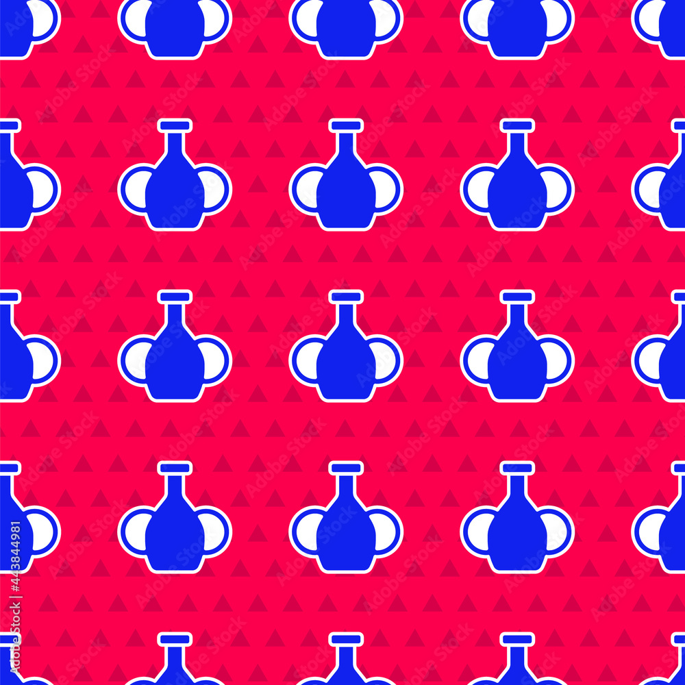 蓝色花瓶图标在红色背景上隔离无缝图案。矢量