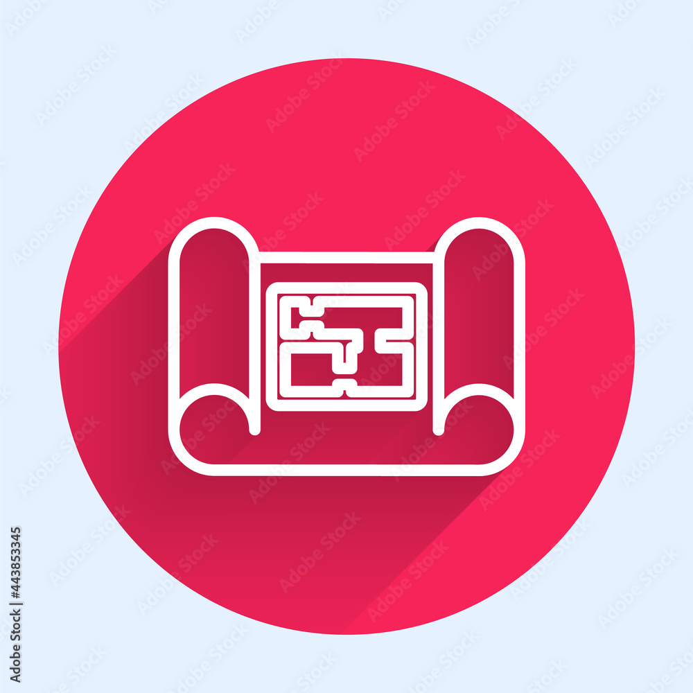 White line House plan icon isolated with long shadow. Red circle button. Vector Illustration