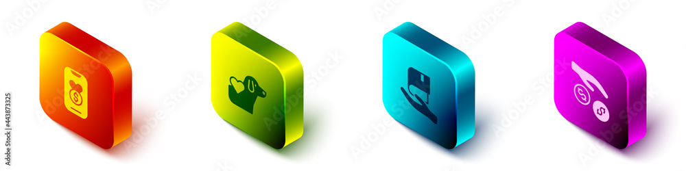 Set Isometric Donation and charity, Heart with dog, Book donation and icon. Vector