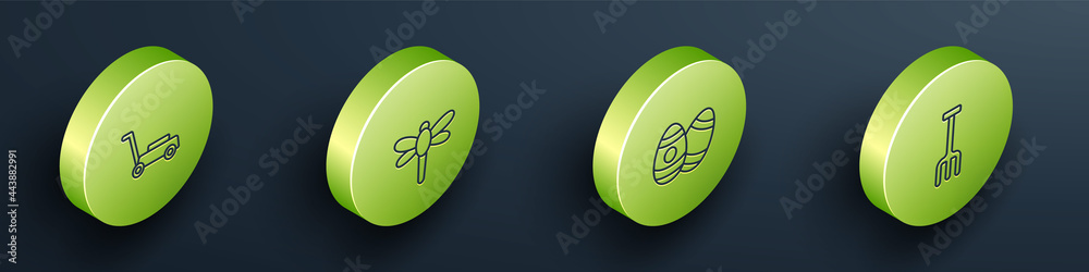 Set Isometric line Lawn mower, Dragonfly, Easter egg and Garden rake icon. Vector