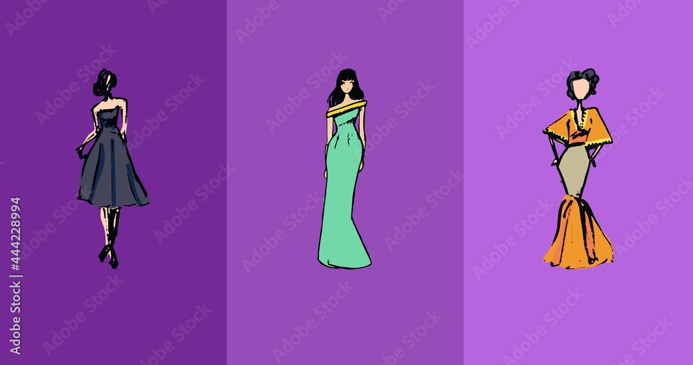 三位穿着三种紫色背景连衣裙的时尚模特的组合