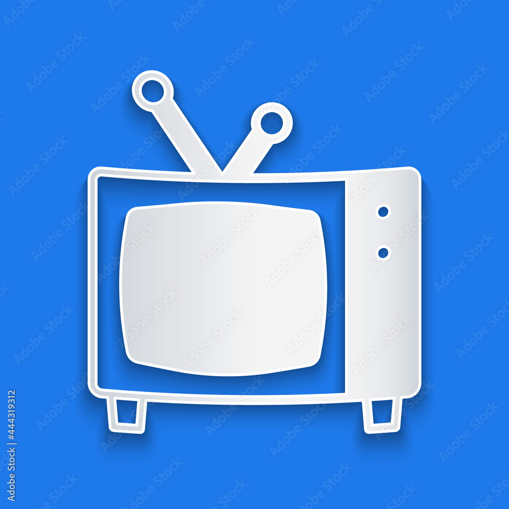 蓝色背景上隔离的剪纸复古电视图标。电视标志。纸艺风格。矢量
