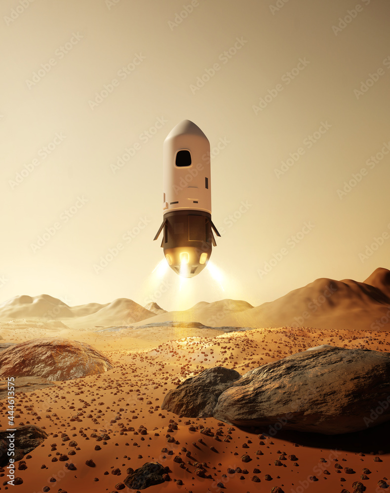A rocket carrying astronauts landing on the surface of the planet Mars. Future space exploration mis