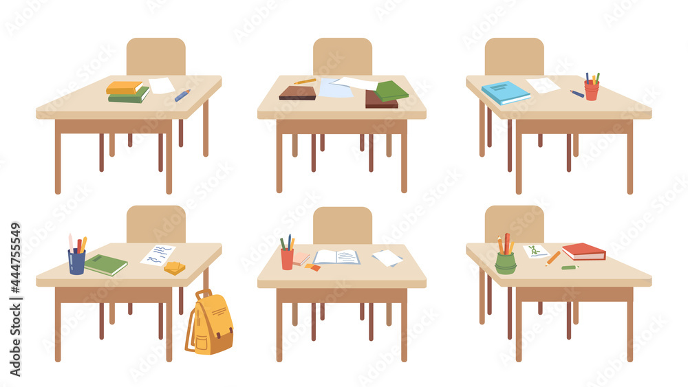 带教学用品和设备的学校木制桌子。带书籍和n的独立桌子