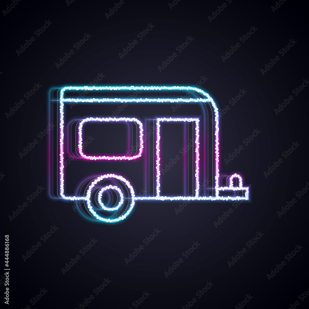 闪亮的霓虹灯线Rv露营拖车图标被隔离在黑色背景上。旅行移动房屋，房车，