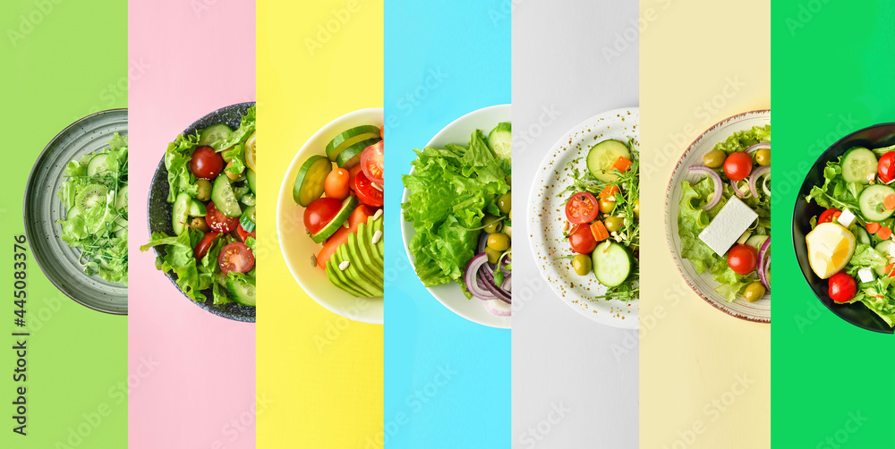 彩色背景上有不同健康沙拉的盘子