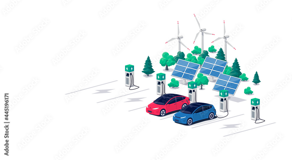 电动汽车在停车场区域充电，带有快速增压器站和许多充电站。Ve