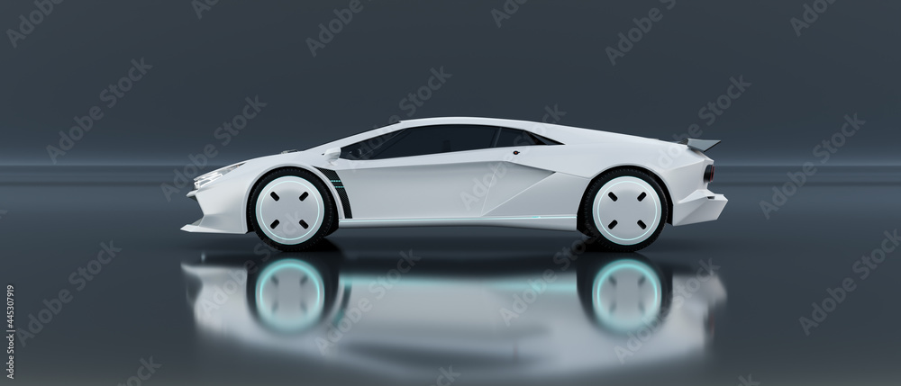 Non-existent brand-less generic concept white sport electric car on grey background. Automobile futu