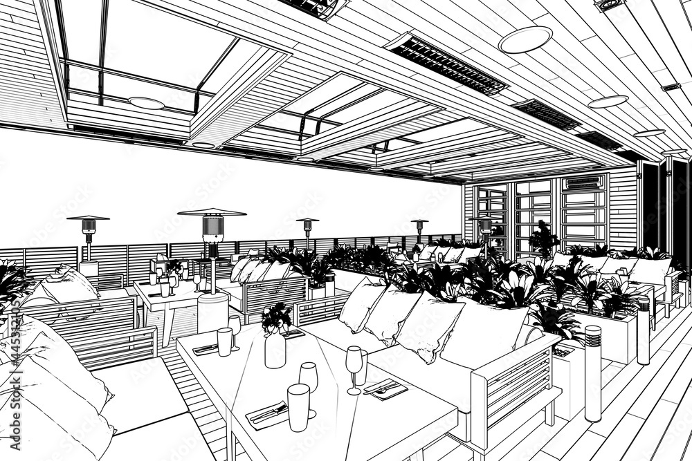 亚热带度假区内的露台餐厅区域（草图）-三维建筑可视化