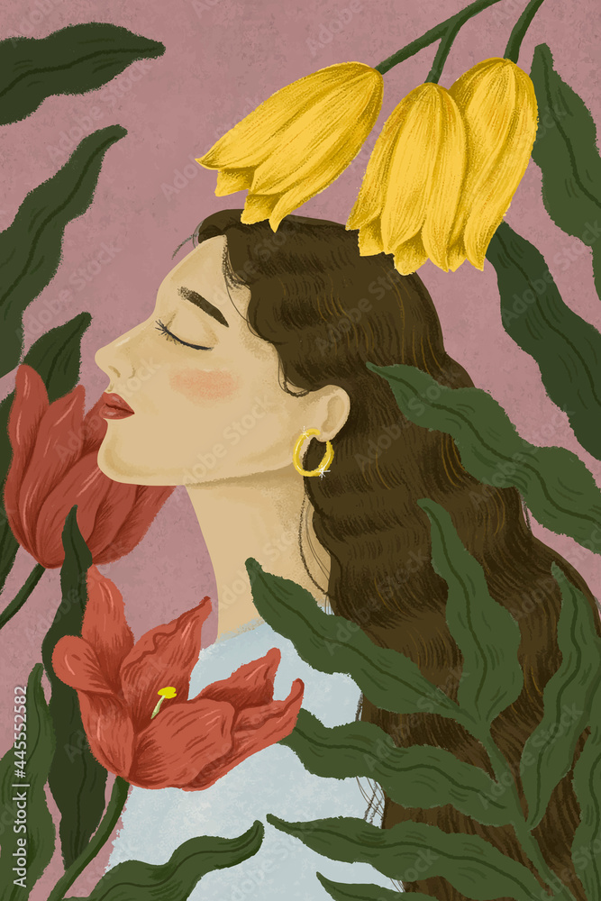 Beautiful woman surrounded by nature illustration