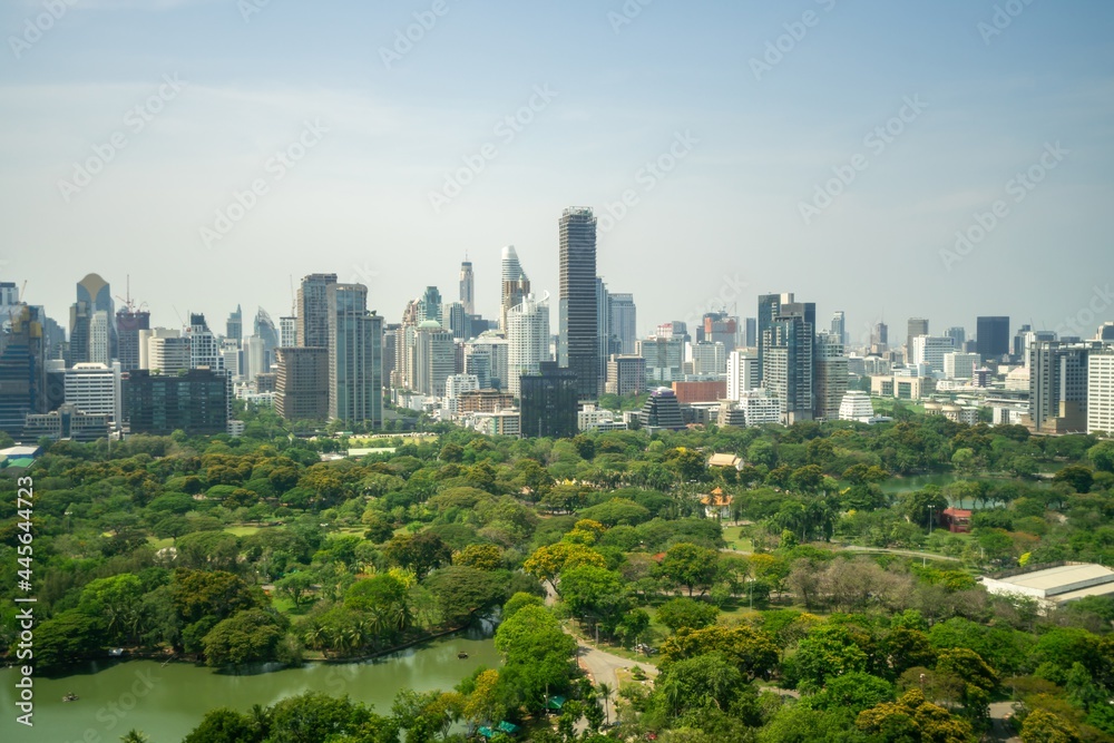 大都市市中心的公共公园和高层建筑城市景观。绿色环境城市和