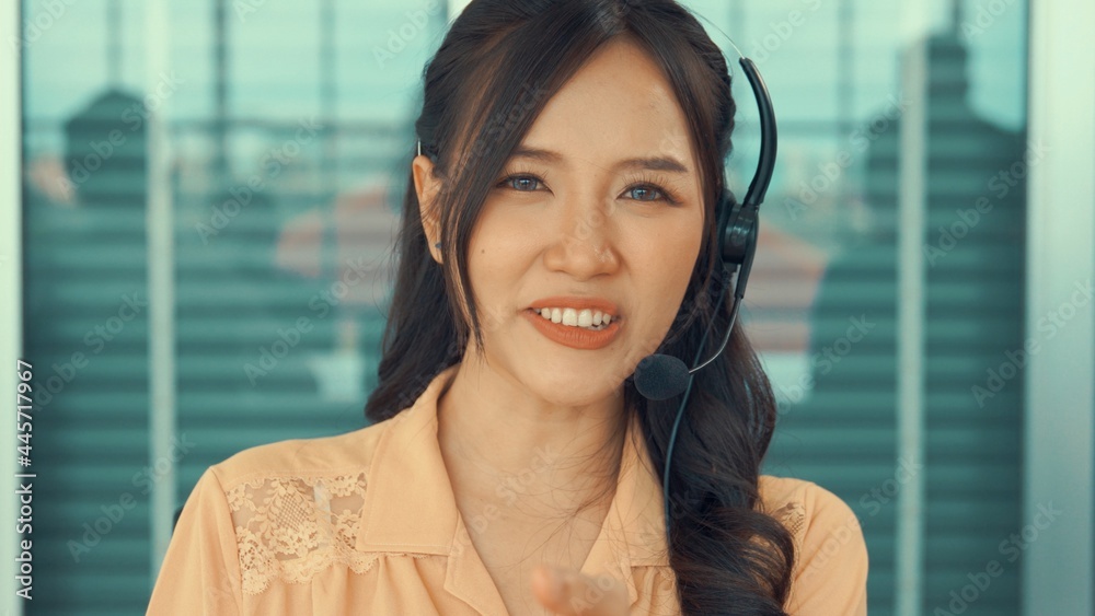 Video call camera view of businesswoman talks actively in videoconference . Call center, telemarketi