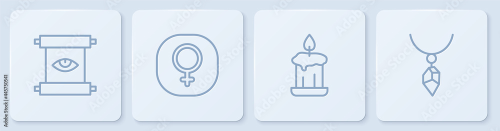 设定线古代魔法卷轴，燃烧的蜡烛，金星和水晶项链。白色方形按钮。