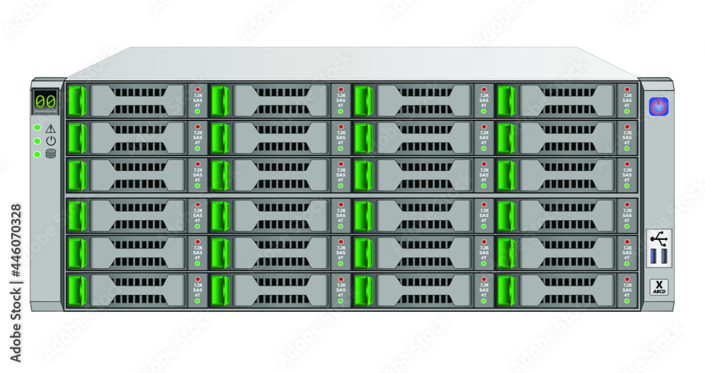 4u服务器，磁盘存储系统托架，包含24个3.5英寸7.2K SAS硬盘驱动器。接口连接