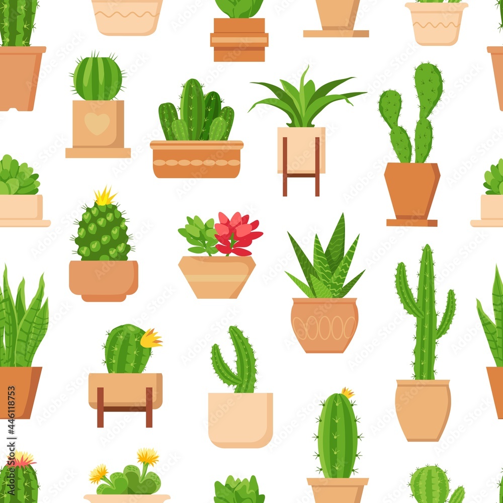 Cactus seamless pattern. Tropical plant, succulent and cute cacti with flower in pot. Trendy floral 