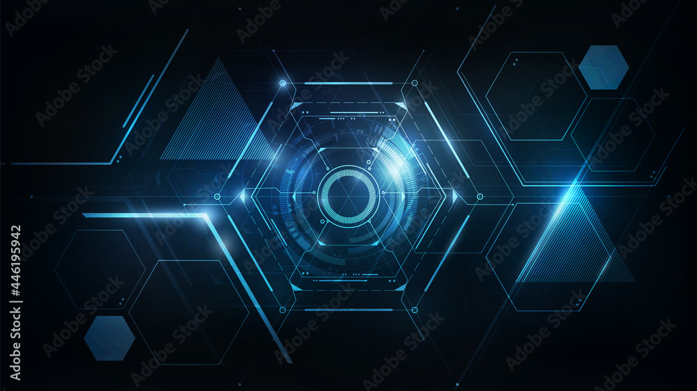 Hexagon抽象未来电子电路技术背景概念，矢量插图