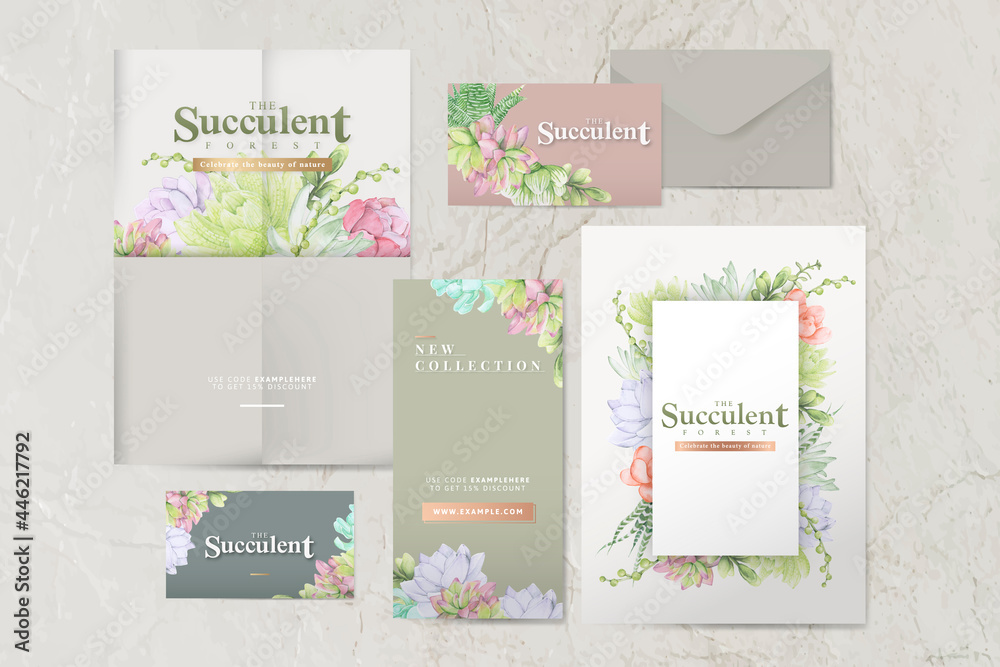 Hand drawn succulent themed envelope template vector set