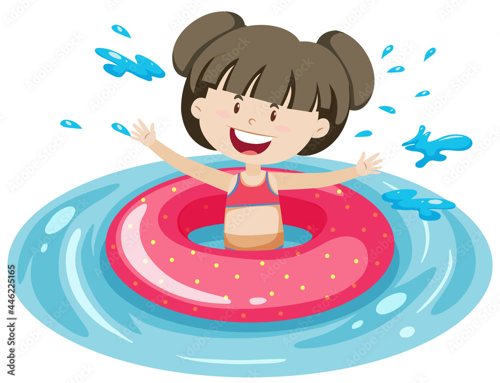 水中戴粉色游泳圈的可爱女孩被隔离