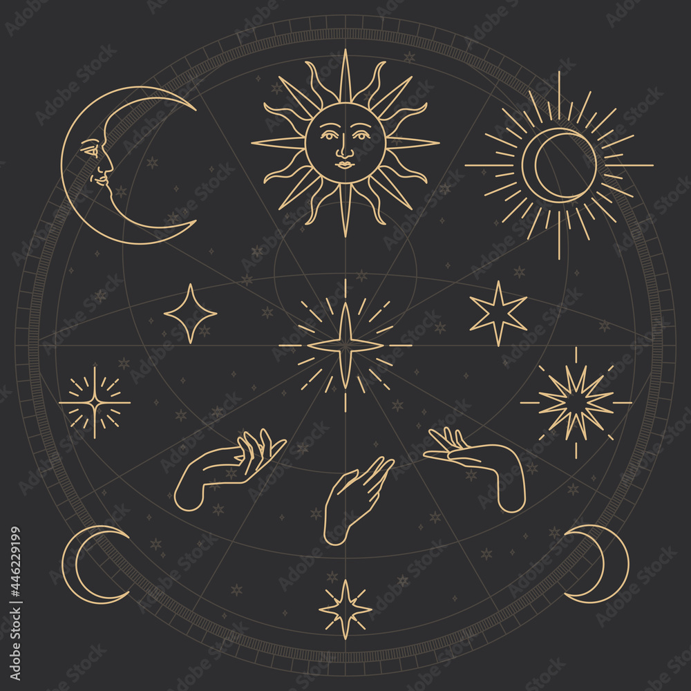 Celestial object vector golden sketch collection on black background