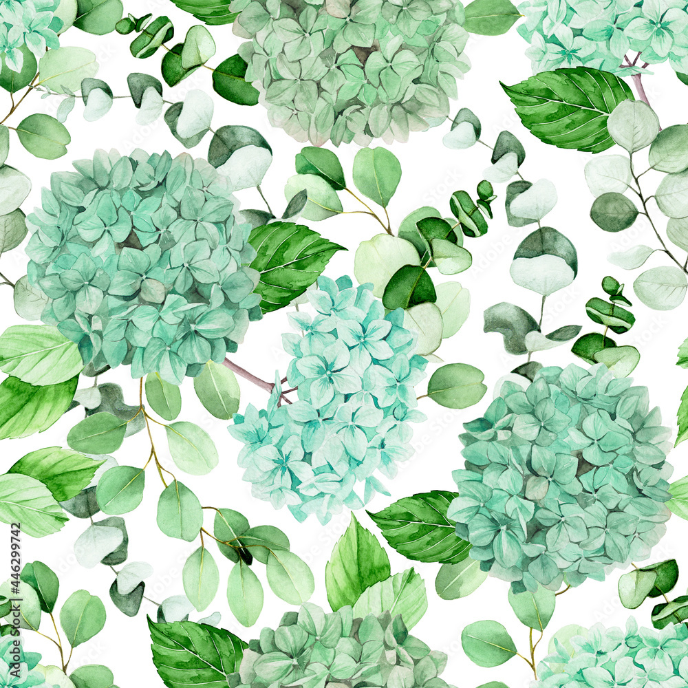 watercolor seamless pattern with blue hydrangea flowers and eucalyptus branches and leaves. seamless