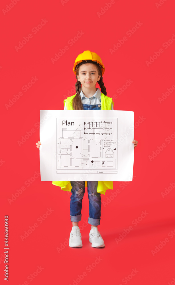 可爱的小建筑师，彩色背景的房屋平面图