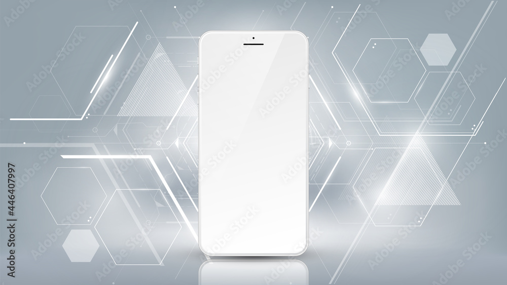 真实的白色智能手机模型透视图，带有空白显示隔离模板和未来