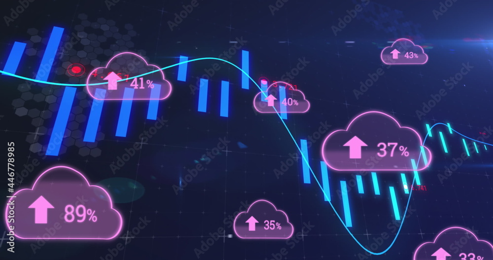 随着数字的增长，粉红色云层上的金融数据处理图像