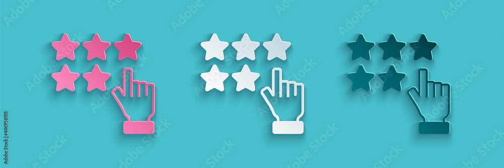 剪纸五星客户产品评级评论图标隔离在蓝色背景上。最喜欢，最好